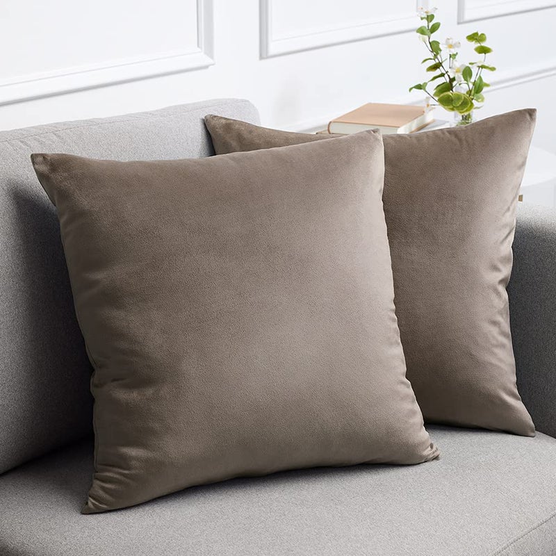 lalaLOOM Velvet Throw Pillow Covers  Set of 2 Decorative Square Pillows Home Decor  Soft Accent Cases  Silky Machine Washable Pillowcases for Sofa  Couch  Bedroom  Living Room  16x16  Taupe - Image 1